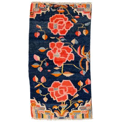 Art Deco Antique Chinese Wool Rug In Navy Blue with Floral Motif