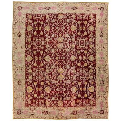 Red Antique Indian Agra Handmade Allover Motif Wool Rug