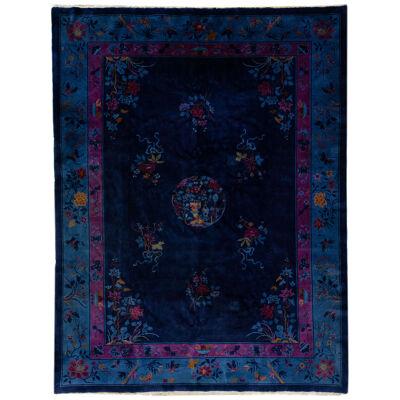 Navy Blue Antique Chinese Art Deco Handmade Wool Rug with Floral Design