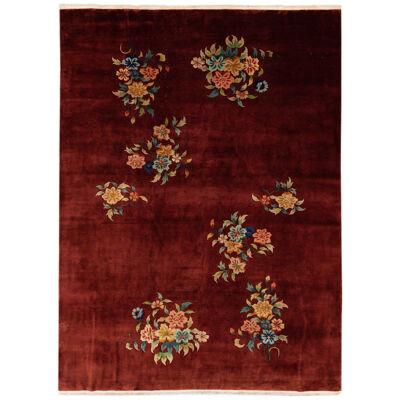 Antique Art Deco Chinese Handmade Red Wool Rug