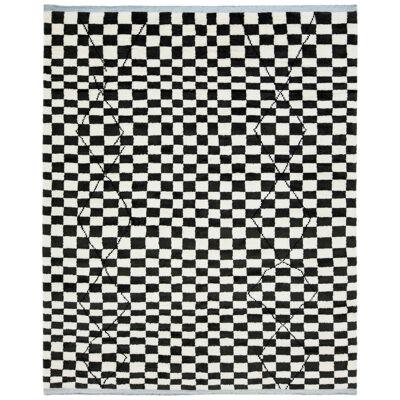 Moroccan-Style Modern Wool Rug With Checker Pattern In Black & White by Apadana