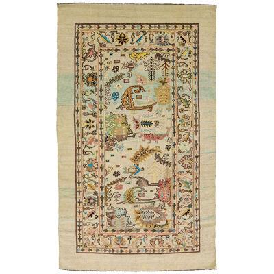 Mid-Century Modern Islamic Style Handmade Floral Motif Beige Wool Rug by Apadana