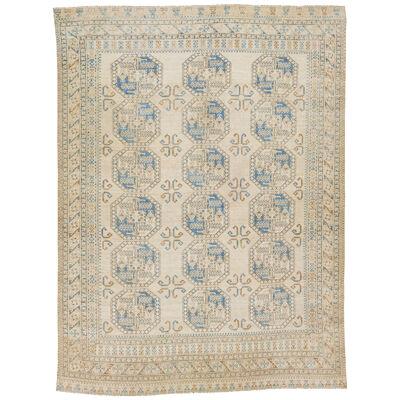 1930s Handmade Turkmen Wool Rug with Geometric Motif in Beige and Blue