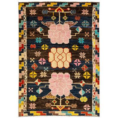 Modern Art Deco Style Handmade Wool Rug With Multicolor Pattern