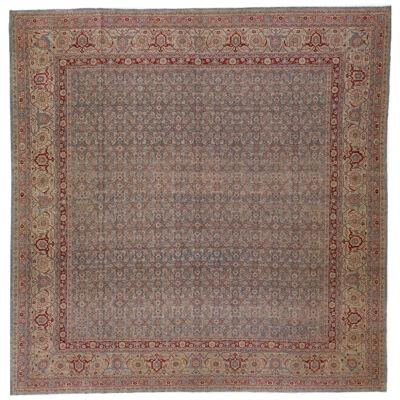 1900s Allover Persian Tabriz Square Wool Rug Handmade in Blue and Red