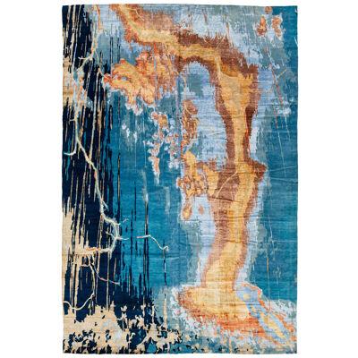 Oversized Modern Handmade Texture Wool & Silk Rug With Abstract Design In Blue