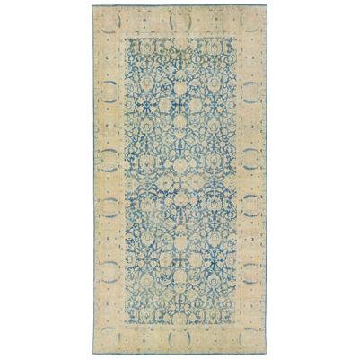 Blue and Beige Antique Agra Handmade Wool Rug with Allover Motif