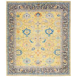 Modern Oushak Style Wool Rug Features Allover Pattern In a Yellow Field