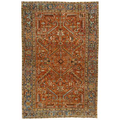 1910s Orange-Rust Antique Persian Heriz Wool Rug Handmade with Allover Pattern