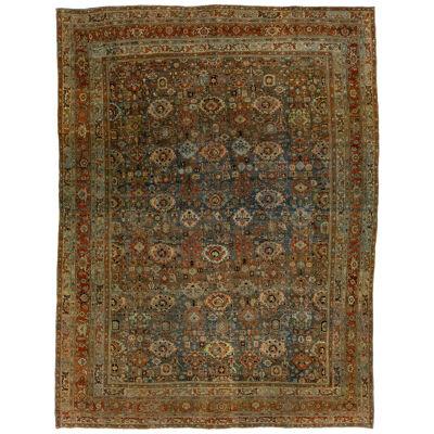 1890s Antique Bidjar Handmade Floral Wool Rug In Blue