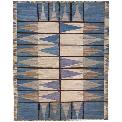 Flatweave Modern Deco Kilim Wool Rug in Brown / Blue