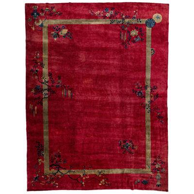 Red Antique Art Deco Handmade Floral Designed Chinese Wool Rug