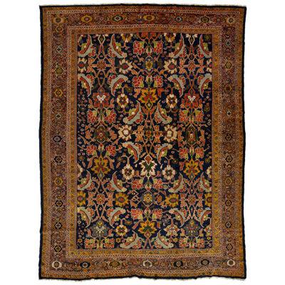 Blue Antique Persian Sultanabad Wool Rug From the 1880s With Floral Motif