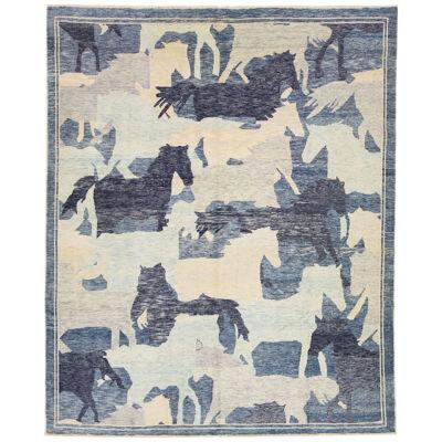 Blue Contemporary Turkish Wool Rug Handmade with Abstract Pictorial Motif