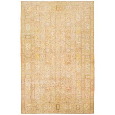 Designed Persian Tabriz Beige Wool Rug Handcrafted From 1910s