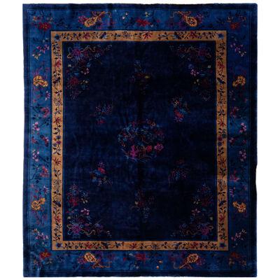 Antique Peking Handmade Chinese Blue Wool Rug with Traditional Floral Motif
