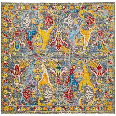 Modern Square Oushak style Wool Rug Features Multicolor Floral Motif