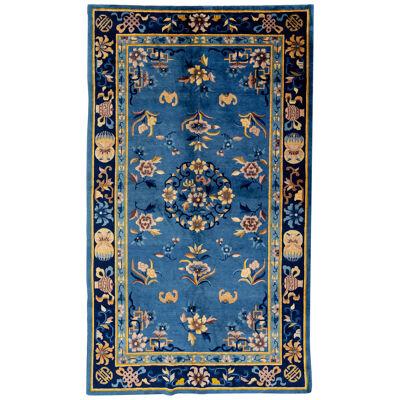 Handmade Antique Peking Chinese Blue Wool Rug with Allover Floral Design