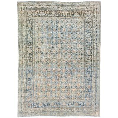 19th Century Antique Persian Tabriz Wool Rug Handmade Blue with Floral Motif