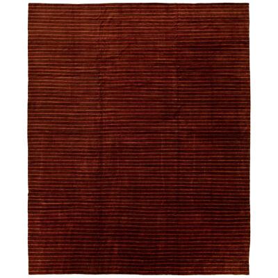 Modern Burgundy Tibetan Wool & Silk Rug With Stiped Pattern