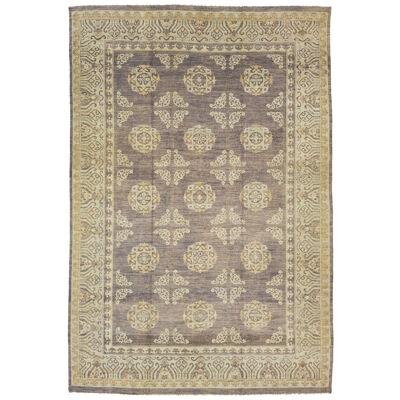 Allover Designed Modern Khotan Wool Rug Handmade In Brown and Blue Field Colors
