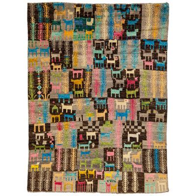Handmade Modern Moroccan Style Brown Wool Rug With Pictorial Design