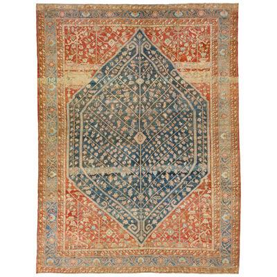 Allover 1920s Antique Persian Bakhtiari Wool Rug In Blue & Red-Rust Color