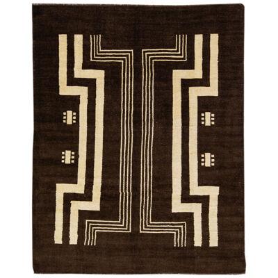 Transitional Art Deco Handmade Dark Brown Wool Rug with Tribal Design by Apadana