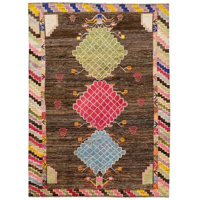 Room Size Modern Moroccan Style Brown Wool Rug With Tribal Design