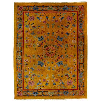 Antique 1920s Chinese Art Deco Rug In Goldenrod with Floral Motif