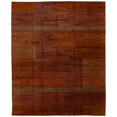 Modern Tibetan Wool & Silk Rug With Geometric Pattern In Rust Color
