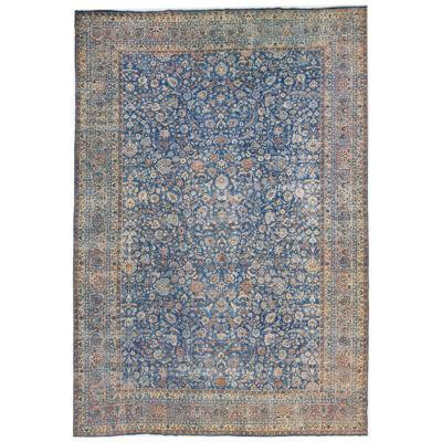 Oversize Handmade Floral Persian Mashad Wool Rug in Blue