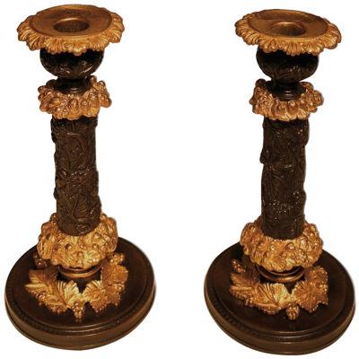 Pair Of Early 19th Century Bronze And Ormolu Grape And Vine Candlesticks	