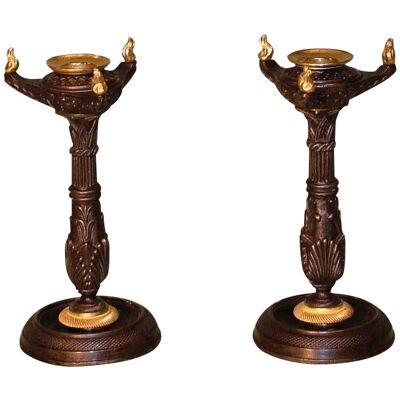 Pair of Regency period bronze and ormolu gothic Candlesticks