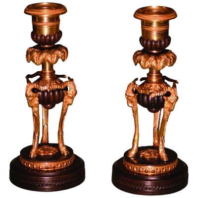 Small Pair Of Early 19th Century Bronze And Ormolu Candlesticks