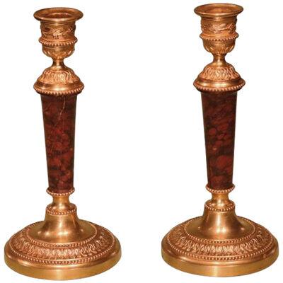 Small Pair of mid 19th Century Ormolu and Red Marble Candlesticks	