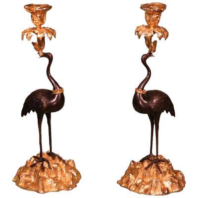 Mid-19th Century Bronze and Ormolu Storks Candlesticks	