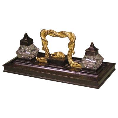 A Bronze and Ormolu Pen Tray with serpent handle