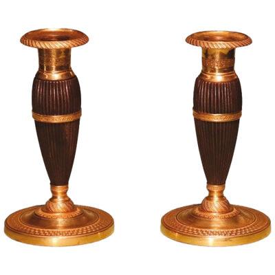Pair Of Early 19th Century Bronze And Ormolu Bulbous Candlesticks