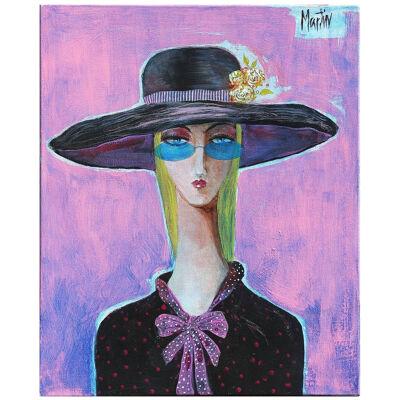 Contemporary Abstract Pink and Black Portrait Painting of a Woman in a Hat	
