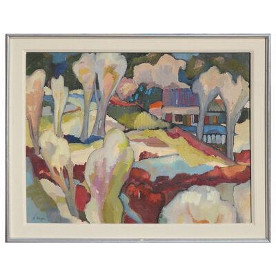 Colorful Pastel Impressionist Fauvist Hillside with Trees and Houses Landscape
