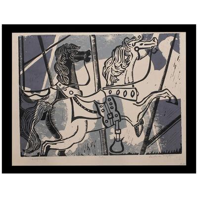 1960s "Carousel" Blue Abstract Horse Serigraph Print