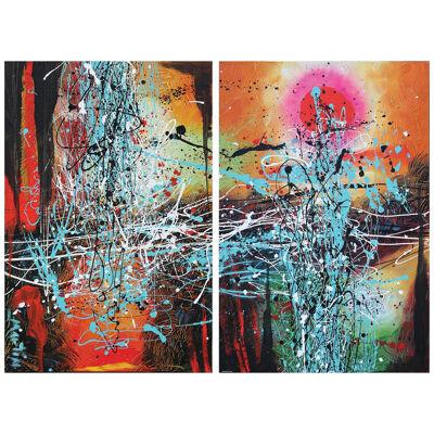 Contemporary Abstract Expressionist Teal, Red, and Yellow Diptych Painting
