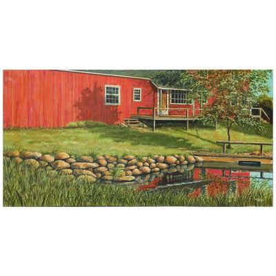 Naturalistic Red Barn and River Pastoral Country Landscape Painting
