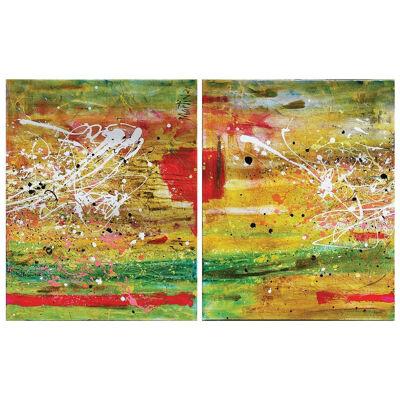 Contemporary Abstract Expressionist Green, Yellow, and Orange Diptych Painting