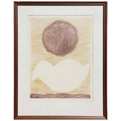 Abstract Print of Circle Against Surreal Landscape With Embossing 1970s