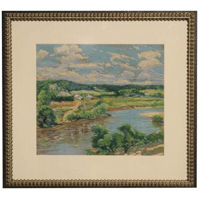 1939 Texas River Country Landscape Painting by Raymond Everett, Framed