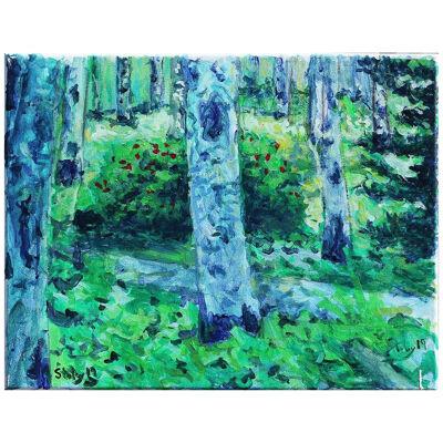 "Aspens 8" Green and Blue Toned Abstract Impressionist Forest Landscape Painting