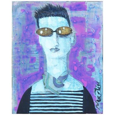 Contemporary Abstract Blue & Purple Found Object Portrait Painting in Sunglasses
