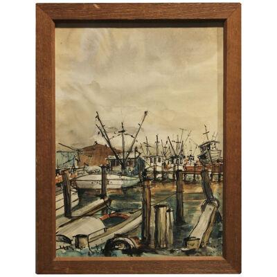 1960s Mid Century "Kemah" Watercolor Seascape with Boats at the Dock